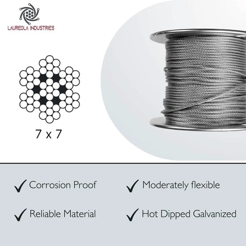 Heavy Duty 3/32 Inch 7x7 Wire Rope Kit With 500 Foot Galvanized Steel Cable And 20 Aluminum Crimp Loop Sleeves, Ideal For Outdoor Rigging Fencing Lifting DIY Projects And Quick Cable Setup. Galvanized steel cable on spool with 7x7 construction illustration.