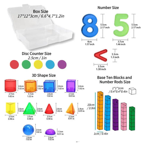 Set Of Five Math Manipulatives Kit With Base Ten Blocks Number Rods Numbers 0 To 9 Ten Frame Counters Place Value Blocks 3D Shapes And Activity Cards For Hands On Learning In Classrooms dimensions and sizes chart.