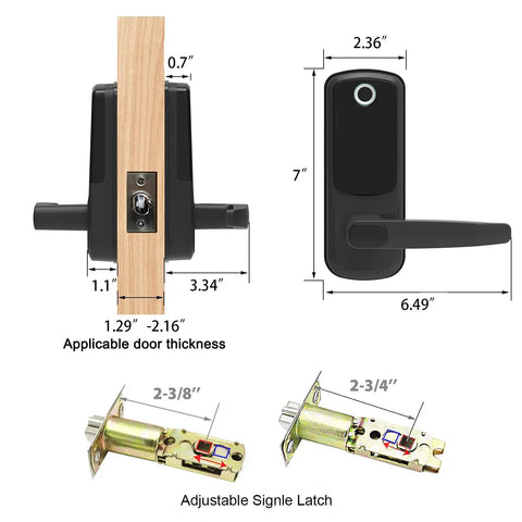 Dimensions of 6 In 1 Fingerprint Smart Door Lock With Anti Peep Keypad, Fob Key, Mechanical Key, And App Bluetooth Control Plus WiFi Remote Access And Alexa Voice Via G2 Gateway, Black.