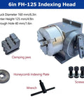 6in FH-125 indexing head with clamping jaws, honeycomb indexing plate, and wrench for CNC milling and drill press work.