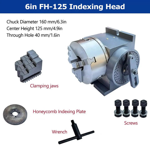 6in FH-125 indexing head with clamping jaws, honeycomb indexing plate, and wrench for CNC milling and drill press work.