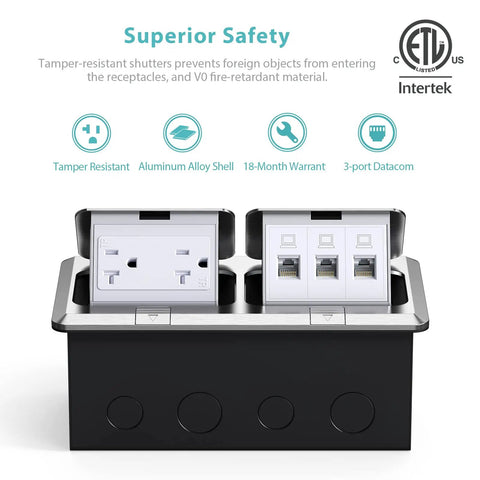Dual Pop Up Floor Box Kit With 20A Tamper Resistant Duplex Outlet And 3 Port RJ45 Datacom Receptacle In Brushed Nickel