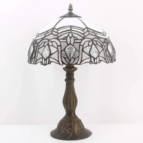 Tiffany Style Stained Glass Table Lamp With White Bent Shade 12 Inch Shade 18 Inch Tall Lit Bedside Desk Reading Light Antique Green Bronze Base UL Listed Decor For Bedroom Living Room Home Office