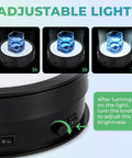 Flyrivergo 7.9Inch Rotating Display Stand With Led Light showing adjustable light feature with a blue drink glass for photography.
