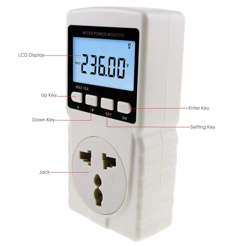 Plug In Watt Meter Spot Energy Suckers And Cut Your Electric Tab Fast With This Badass Home Energy Monitor showing LCD display and buttons.