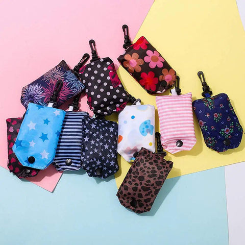 Foldable Reusable Grocery Tote Bags Six Pack for Easy Shopping and Travel Totally Lightweight 190T Polyester in colorful patterns
