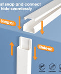 116 Inch Cord Hider Kit For Wall Wires And TV Cables Paintable Cable Raceway With 0.96 Inch Width And 0.57 Inch Height Includes Couplings And Elbows For Easy No Mess Wire Concealment White, showing snap-on and slide-on features.