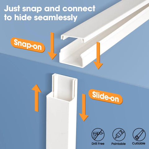 116 Inch Cord Hider Kit For Wall Wires And TV Cables Paintable Cable Raceway With 0.96 Inch Width And 0.57 Inch Height Includes Couplings And Elbows For Easy No Mess Wire Concealment White, showing snap-on and slide-on features.