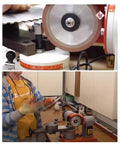 Top Shelf 6 Inch Dish Resin Diamond Grinding Facing Wheel For Carbide Circle Saw Blade Sharpening 180 Grit in use on a sharpening jig.