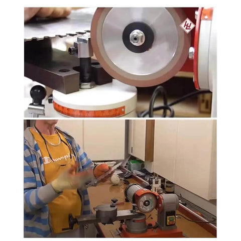 Top Shelf 6 Inch Dish Resin Diamond Grinding Facing Wheel For Carbide Circle Saw Blade Sharpening 180 Grit in use on a sharpening jig.