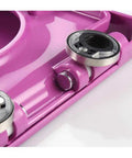 Smooth Closing Oval Toilet Seat With Silent Slow Close Hinges And Snap Quick Release detailed view of hinge mechanism on pink toilet seat.