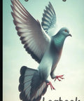 Flying pigeon with text 'Pigeon Racing Logbook' matching Bird Racing Progress Logbook For Tracking Training Milestones, Race Results, Health Status, And Performance Trends To Help You Keep Your Crew Sharp, Boost Speeds, And Stay On Top Of Every Feathery Racer All Season.