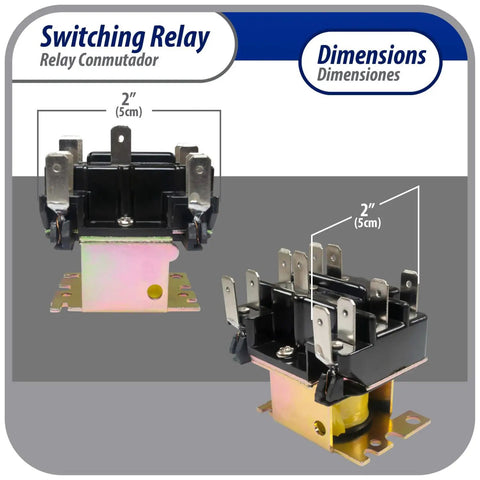 Heavy Duty DPDT Relay For HVAC Fan Control, 208-240V Coil, dimensions 2 by 2 inches, with mounting brackets, side view.