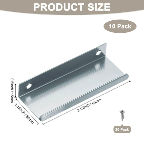 Six-Pack Aluminum Drawer Edge Pulls 3.15 Inch Concealed Tab Handles In Brushed Grey displayed with dimensions and screws