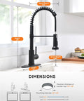 Heavy Duty Matte Black Kitchen Faucet With Smooth Operator Pull Down Sprayer And High Arc Spring Mount delivering dimensions.