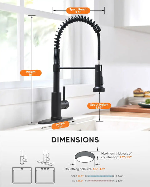 Heavy Duty Matte Black Kitchen Faucet With Smooth Operator Pull Down Sprayer And High Arc Spring Mount delivering dimensions.
