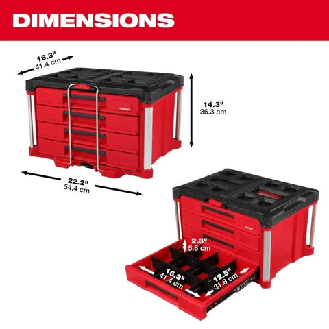 22 Inch 4-Drawer Polymer Tool Box With Quick Adjust Dividers And Modular Storage System, showing dimensions and open drawer