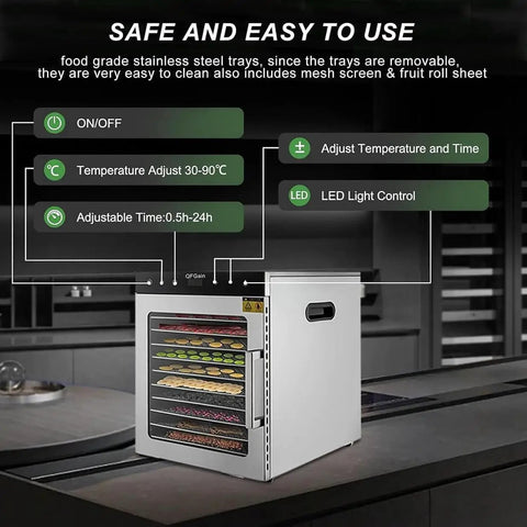 Heavy Duty 1000W Commercial Food Dehydrator With Ten Slick Stainless Trays showing temperature controls and adjustable timer features.