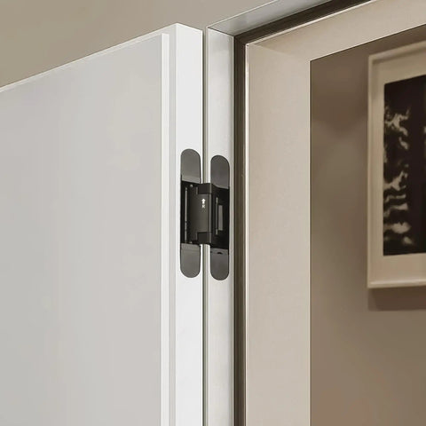 Close-up view of Heavy Duty Invisible Hydraulic Hinges 3 Pack 170 Degree Self Closing Concealed Door Hardware mounted on door.