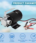 Portable 12V DC Water Transfer Pump, 330 GPH Sump Utility Pump With Hose Kit, 0.1 HP, Lightweight, includes parameters chart