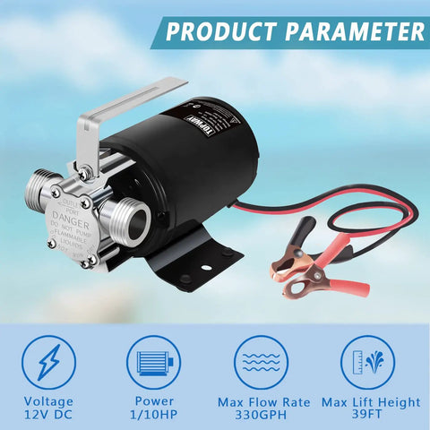 Portable 12V DC Water Transfer Pump, 330 GPH Sump Utility Pump With Hose Kit, 0.1 HP, Lightweight, includes parameters chart