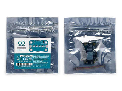 Modulino Pixels Qwiic Compatible RGB LED Module With 8 Addressable LEDs in packaging, front and back view for Arduino projects.