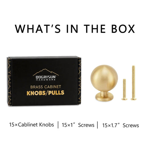 Solid Brass Cabinet Knobs 1.1 Inch Round Ball Gold Brushed Finish Dresser Drawer Pulls 15 Pack Sphere Cabinet Knobs For Kitchen Bathroom Cabinets Beefy Durable Hardware Upgrade box with knob and screws