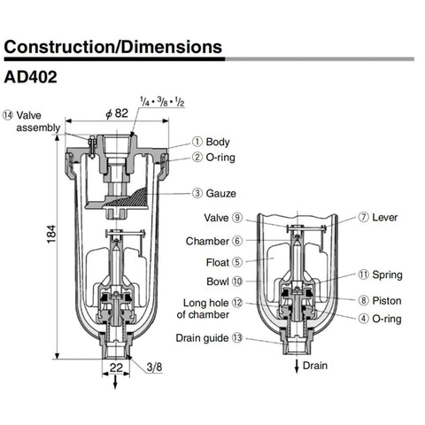 Detailed diagram of Go To Auto Drain Valve For Air Compressors And Pneumatic Systems AD402 Series construction and dimensions