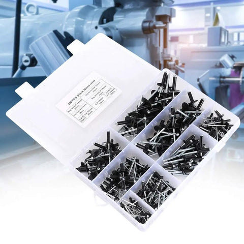 200 Piece Black Aluminum Blind Rivet Kit With 3.2mm 4.0mm 4.8mm Fasteners In A Durable Plastic Storage Box For Electric And Manual Riveting Projects And DIY Ready on a white and blue background.