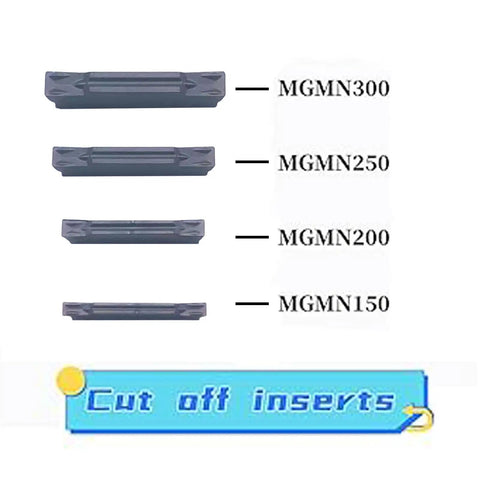 Four indexable carbide inserts labeled MGMN300, MGMN250, MGMN200, and MGMN150 with a 'Cut off inserts' sign below.