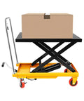 Built Tough Hydraulic Lift Table Cart, 500 Lb Capacity Manual Scissor Jack with box on foldable platform.