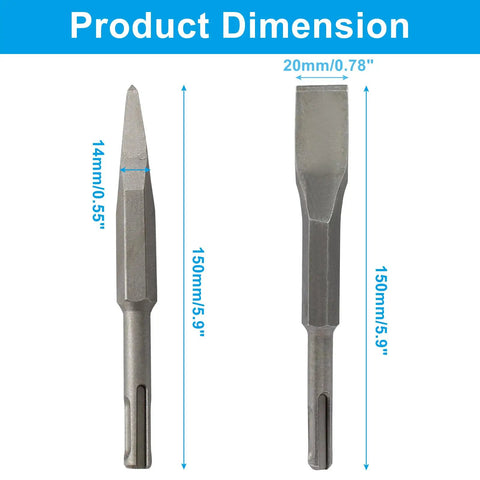 Three Quarter Inch Wide Flat And Point Chisel Set With SDS Plus Shank For Concrete Masonry Stone, 5.9 Inch Long, dimensions shown