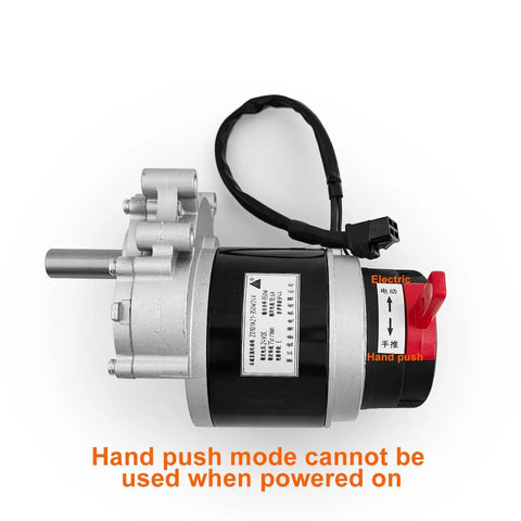Side view of a 24V geared brush motor with electromagnetic brake; black/silver housing, red hand-push lever, 4-pin connector