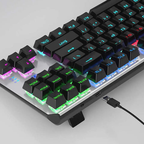 Kick Ass Mechanical Gaming Keyboard 87 Keys Tenkeyless Build Hella Smooth Typing with rainbow LED backlight close-up view