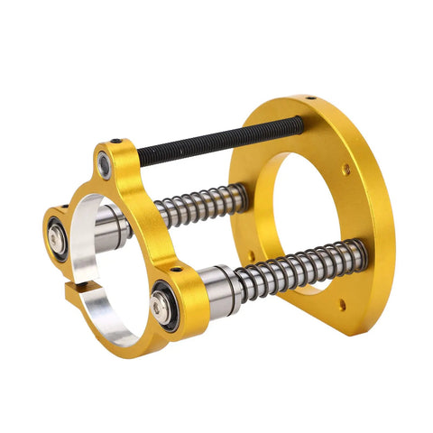 Premium Heavy Duty Router Lift Base For Woodworking Tables featuring gold aluminum body and stainless steel springs for height adjustment.