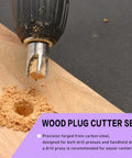 Wood plug cutter from Five Piece Countersink Drill Bit Set Featuring True Eighty Two Degree Angle And One Quarter Inch Hex Shank Plus Matching Wood Plug Cutter Backyard Boss Favorite Rotary Kit.
