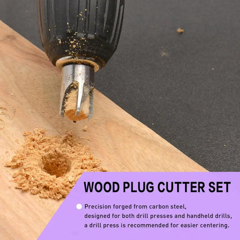 Wood plug cutter from Five Piece Countersink Drill Bit Set Featuring True Eighty Two Degree Angle And One Quarter Inch Hex Shank Plus Matching Wood Plug Cutter Backyard Boss Favorite Rotary Kit.