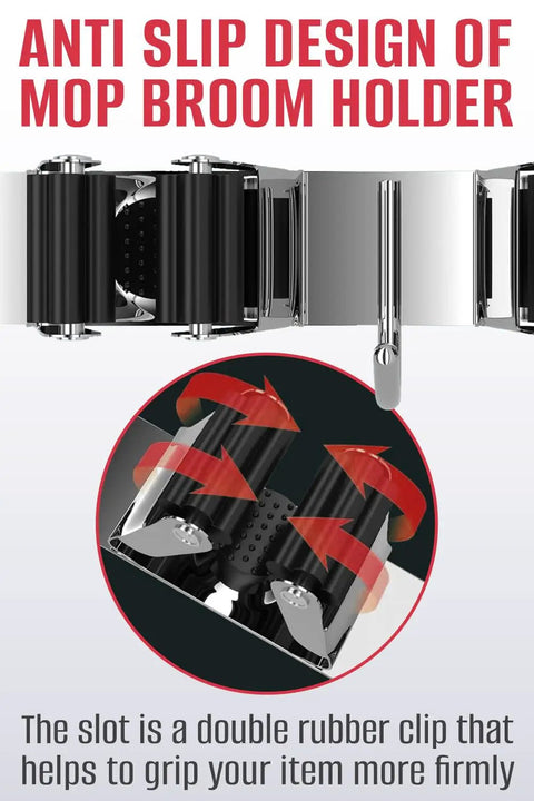 Anti-slip design of Heavy Duty Mop And Broom Holder Wall Mount With Stainless Steel Five Rack Organizer and Four Hooks.
