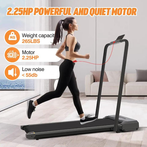 Slick Foldable Treadmill With Bright Led Display And Handy Remote Control Badass Under Desk Walking Pad For Smooth Home Office Cardio Sessions, 2.25HP motor, user running.