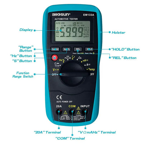 Front view of Automotive Dwell Meter Digital Multimeter Auto Range TRMS 5999 Counts with labeled functions and buttons.