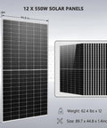 Heavy Duty Off Grid Solar Bundle Featuring Turnkey 10 Kilowatt Hybrid Inverter Paired With Twelve 550 Watt Panels, showing 12 solar panels size 89.7 x 44.8 x 1.4 inches.