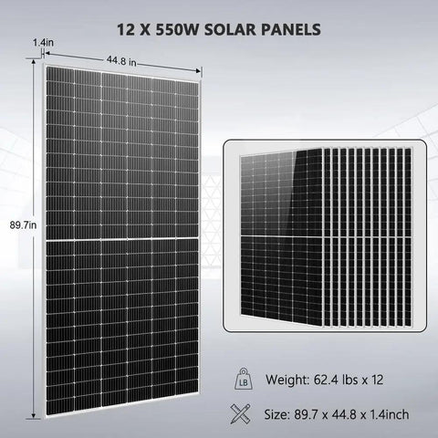 Heavy Duty Off Grid Solar Bundle Featuring Turnkey 10 Kilowatt Hybrid Inverter Paired With Twelve 550 Watt Panels, showing 12 solar panels size 89.7 x 44.8 x 1.4 inches.