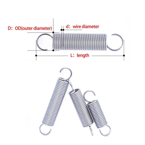 Built Tough 10 Pack Of Premium 304 Stainless Steel Tension Springs With Open Hooks For Shock Absorption And Quick Gear Repairs 4Mm Outer Diameter 120Mm Long displayed with measurements.