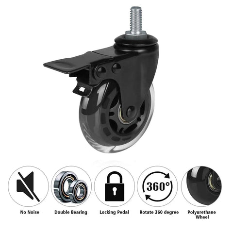 Three Inch Rubber Caster Wheels With Brakes, Heavy Duty Swivel Castors Set Of 4 For Furniture On Hardwood Floors, Quiet And Smooth Rolling
