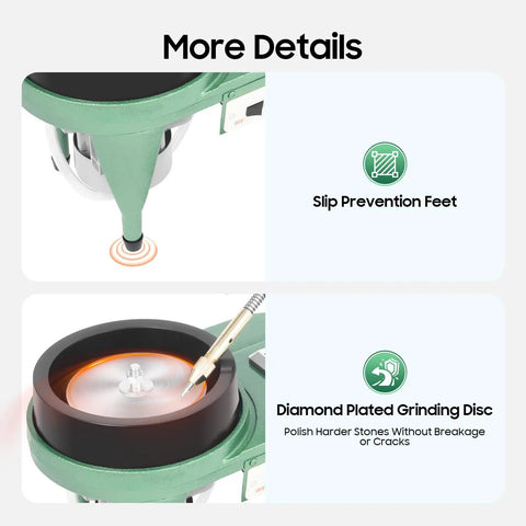 Flat Grinder For Gemstones And Minerals, A Rock Polisher And Cabber Machine With 6 Inch Polishing Disc, 180W Copper Motor Delivers 2800 Rpm, Durable Cast Iron Body For Long Life, Lapidary Equipment To Shape Stones Fast And Smooth, slip prevention feet and diamond plated grinding disc details shown