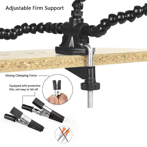 Helping Hands Soldering Third Arm Tool with desk clamp, flexible arms, and clamping force demonstration for hands-free setup.
