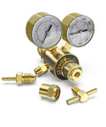 Front view of TOOLIOM Argon/CO2 welding gas regulator with dual gauges and brass fittings.