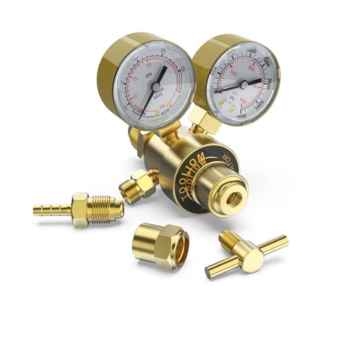 Front view of TOOLIOM Argon/CO2 welding gas regulator with dual gauges and brass fittings.