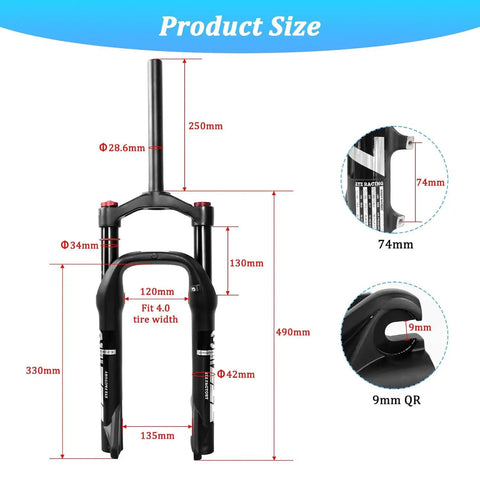 Front Fork For Four Inch Fat Tires With 130mm Travel And Crown Lockout, Ultralight Air Suspension Front Fork dimension details