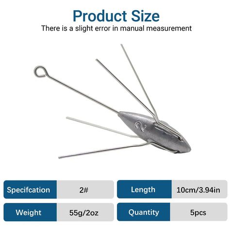 5 Pcs 2 Oz Lead Sinker Weights For Surf And Saltwater Fishing, Long Tail Spider Sinkers Designed For Crappie Catfish And Beach Ocean Casting, Heavy Duty Electrolytic Lead Tackle For Sand Bars And Currents showing dimensions and metal rods